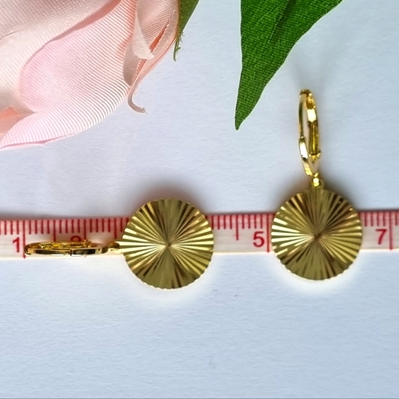 Earrings | Gold Toned | Round, Textured Sunburst | Huggies Hoop Drop Style. 💕 - Picture 5 of 16